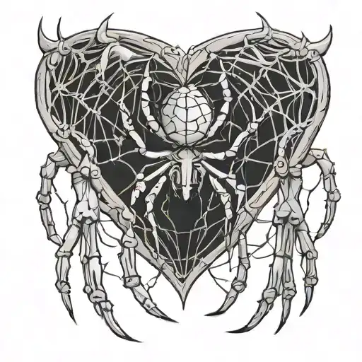 spider hanging from web patterning surrounding a heart and the fingers are going to be skeletons tattoo design idea