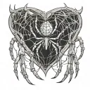 spider hanging from web patterning surrounding a heart and the fingers are going to be skeletons tattoo design idea