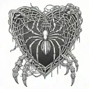 spider hanging from web patterning surrounding a heart and the fingers are going to be skeletons tattoo design idea