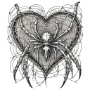 spider hanging from web patterning surrounding a heart and the fingers are going to be skeletons tattoo design idea