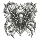 spider hanging from web patterning surrounding a heart and the fingers are going to be skeletons tattoo design idea