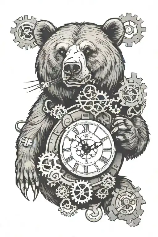 bear holding a momento mori clock face in is mouth with gears intertwined tattoo design idea