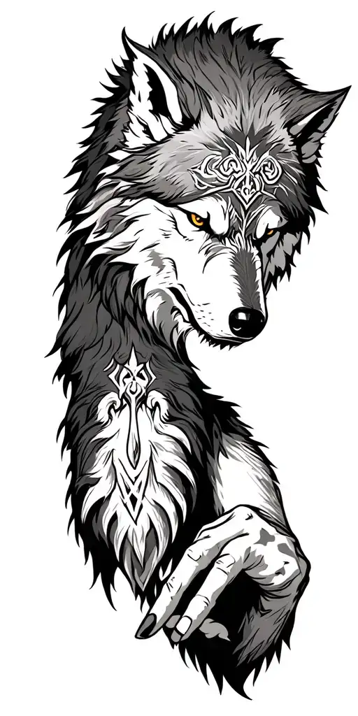 Tyr sacrificing his hand to fenrir viking norse wolf tattoo design idea
