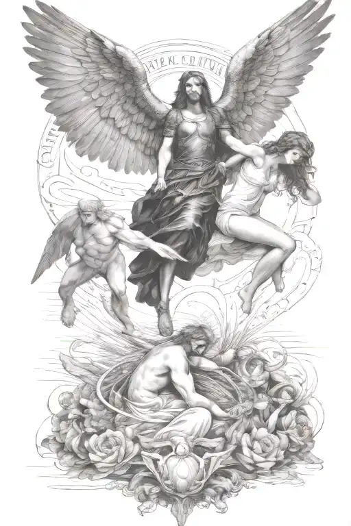 fallen angel and saint of the sea to earth tattoo design idea