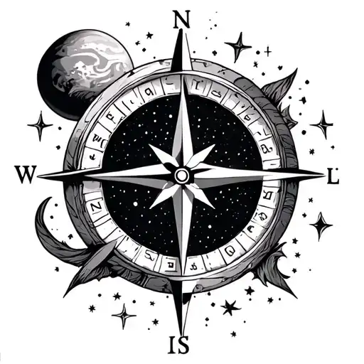 planet and stars intertwined nautical compass tattoo design idea