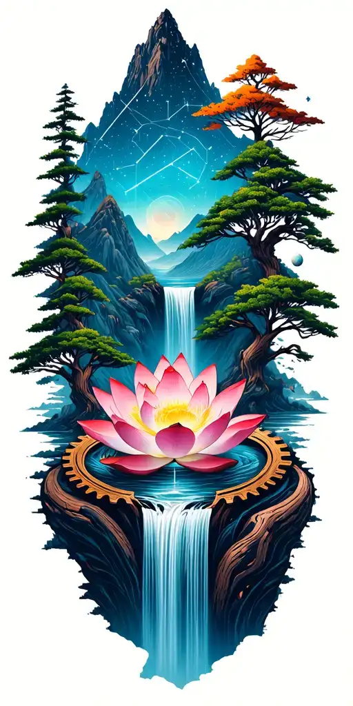collage of space constellation, Buddhist mountain, trees, waterfall, lotus, wood mechanical gears tattoo design idea