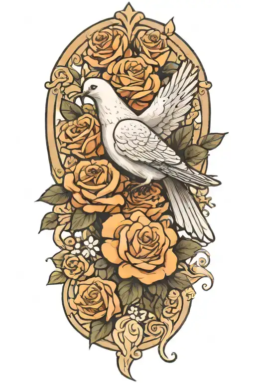 seated dove and roses tattoo design idea