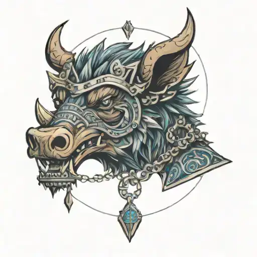 angry boar head on chained armor wearing a crown with blue eyes tattoo design idea