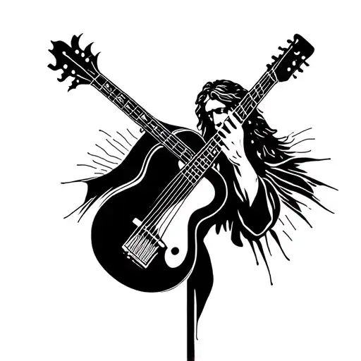 A stylized guitarra with a silhouette of Jesus playing it, symbolizing the client's faith and love for music tattoo design idea