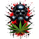 composition A black robot skull with a gas mask,in the background a marijuana leaf,hexagonal grid tattoo design idea