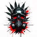 composition A black robot skull with a gas mask,in the background a marijuana leaf,hexagonal grid tattoo design idea