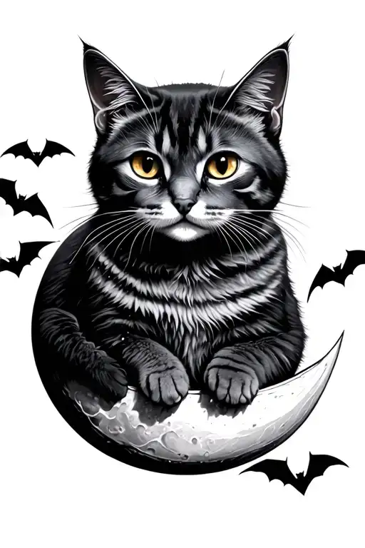 cat on moon with bats flying tattoo design idea