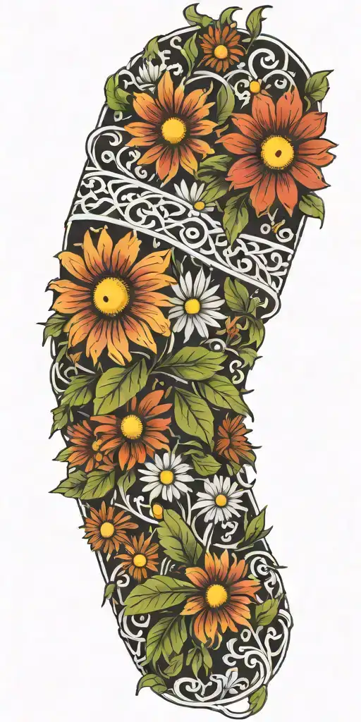 vines with daisy flowers wrapping around the arm sleeve tattoo design idea