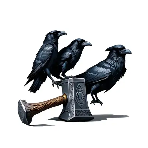 Mjolnir Hammer with two ravens Huginn and Muninn tattoo design idea