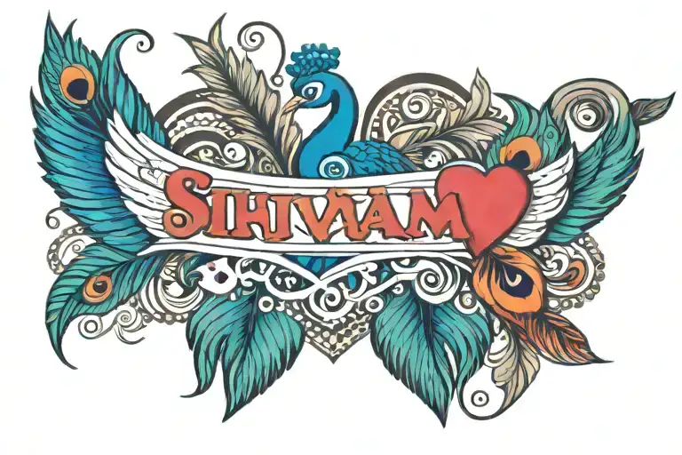 Shivam and chika name with Flute and peacock feather with three small heart tattoo design idea