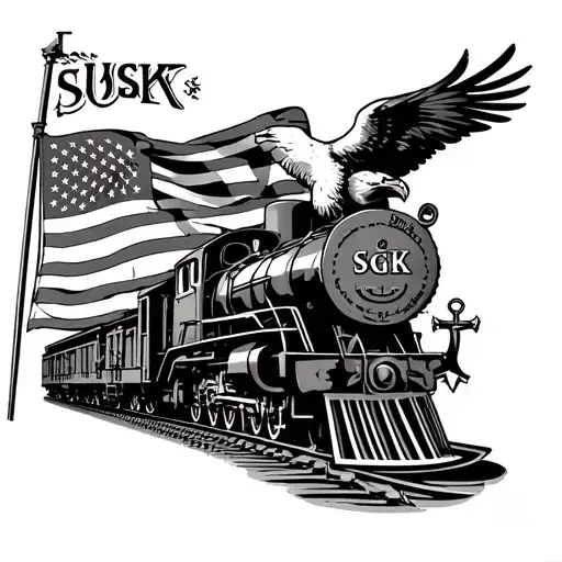American flag a train a eagle and a anchor marine with SGK written on the train tattoo design idea