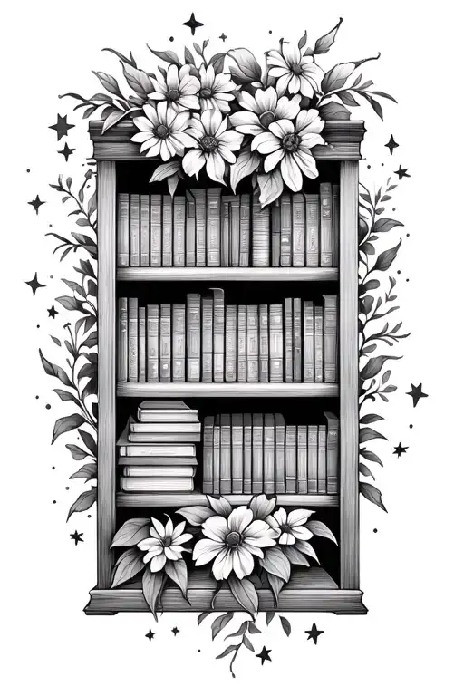 Bookshelf filled with books and stars and flowers growing tattoo design idea