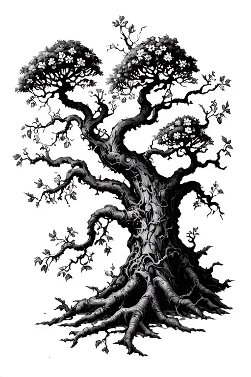 big wide poison tree with a lot of branches growing small flowers and leaves on random branches tattoo design idea