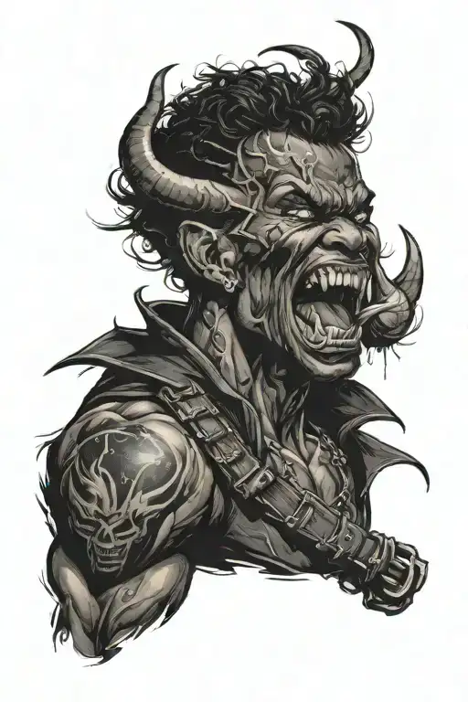 black fighter angry in night sky with devil horns tattoo design idea