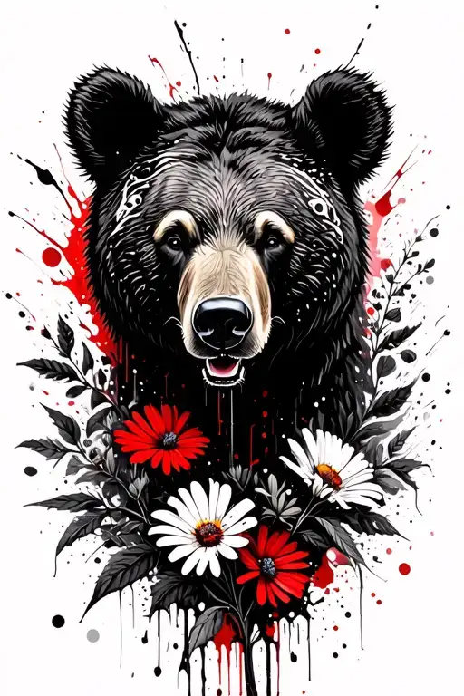 bear head, wildflowers in the background black and white tattoo design idea