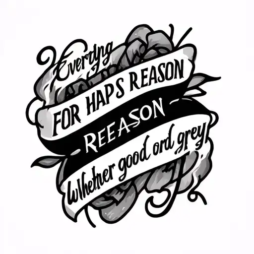 Men’s inner forearm tattoo mockup on neutral gray-shaded arm. Quote: "Everything happens for a reason, whether good or b tattoo design idea