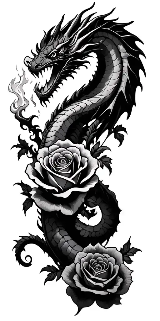 roses intertwined, dragon breathing fire tattoo design idea