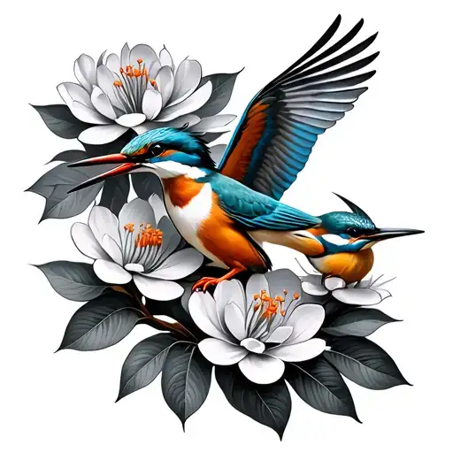Kingfisher with baby kingfisher flying and pohutukawa tree flower tattoo design idea