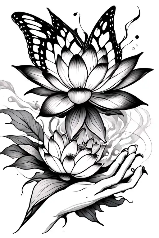 butterfly flying, lotus flower, smoke, hands moving tattoo design idea
