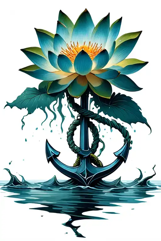 hand drawn lotus flower coming out of turbulent dark water, a cracked and worn anchor entwined with the lotus stem  tattoo design idea