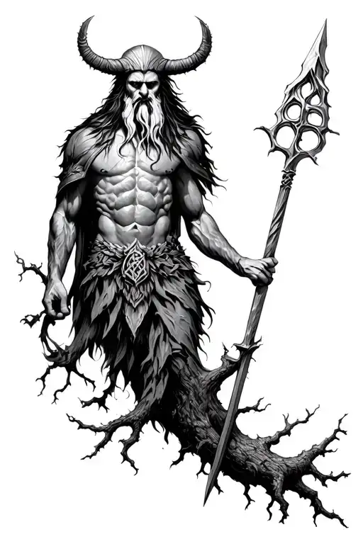 Odin hanging from Yggdrasil pierced in the chest by a spear tattoo design idea
