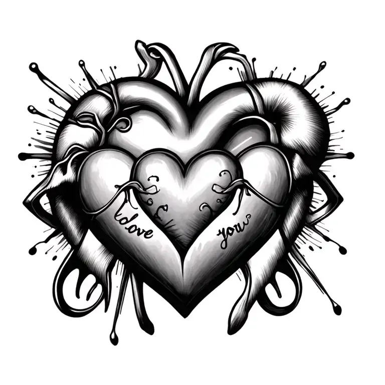 draw a tattoo that is fine line that tattoo is an anatomical heart with 4 “i love you” making the heart  tattoo design idea