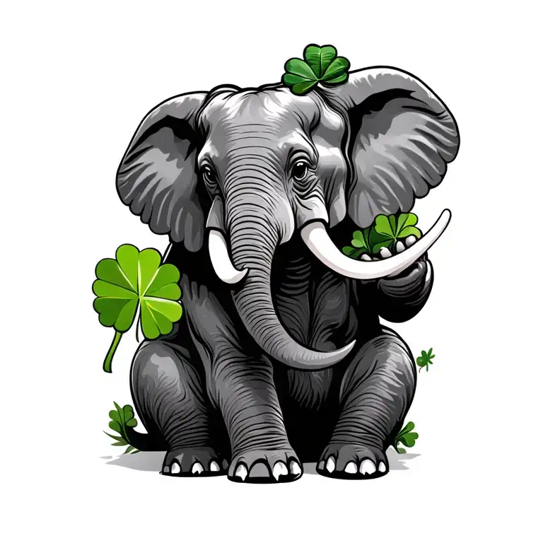 African elephant sitting holding shamrock with truck tattoo design idea