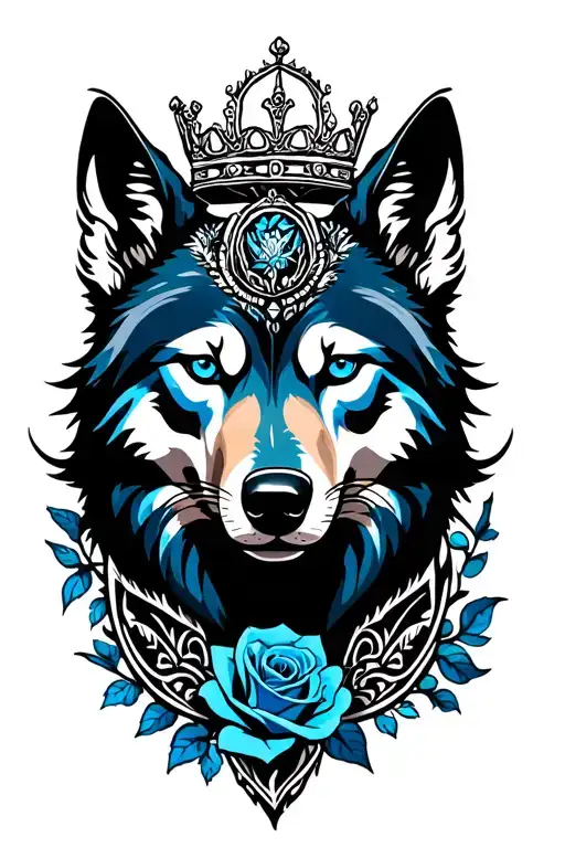 blue rose,wolf, gypsy,crown,Nash tattoo design idea