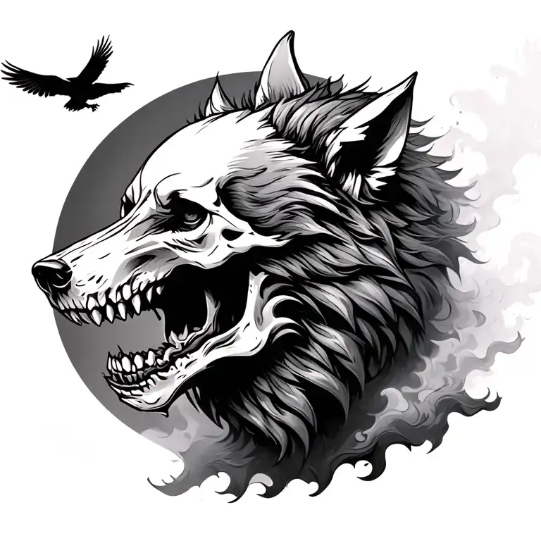 a skull faced wolf, viewed from the side profile, running, with its back end faded in to a mist of crows going the other tattoo design idea