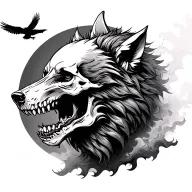 a skull faced wolf, viewed from the side profile, running, with its back end faded in to a mist of crows going the other tattoo design idea