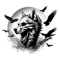 a skull faced wolf, viewed from the side profile, running, with its back end faded in to a mist of crows going the other tattoo design idea