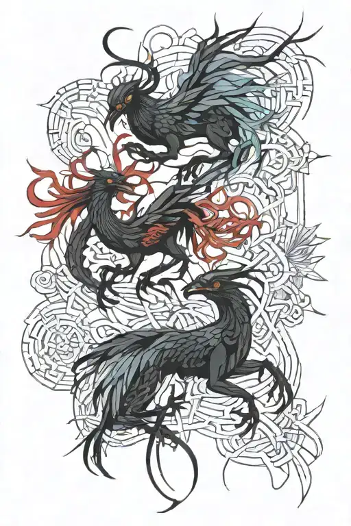 raven spider lilies Japanese dragon red black and blue ink tattoo design idea