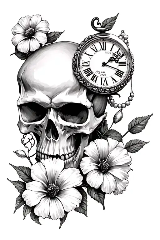 skull, clock, morning glories, aster flower, beads, MMXVII, Blakeli tattoo design idea