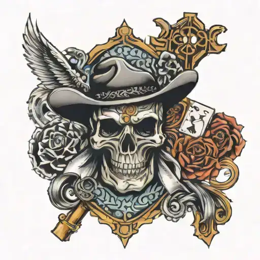 western men sleeve tatto with cross and cards tattoo design idea