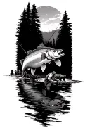 fisher man pulling huge fish with bears in back playing in back with river and trees tattoo design idea