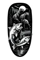 fisher man pulling huge fish with bears in back playing in back with river and trees tattoo design idea