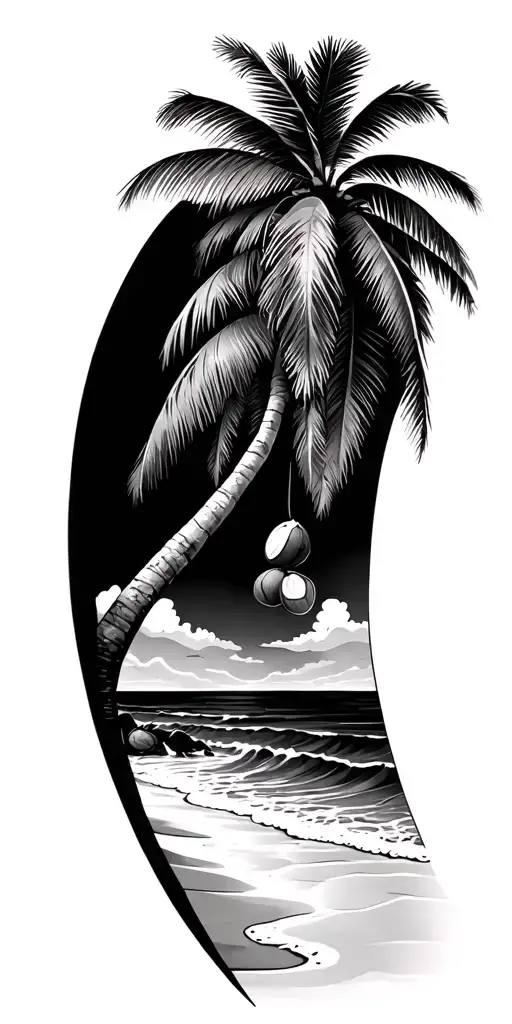 a beach with sand and waves rippled on the shore a coconut tree hanging in the background. with coconuts on the tree  tattoo design idea