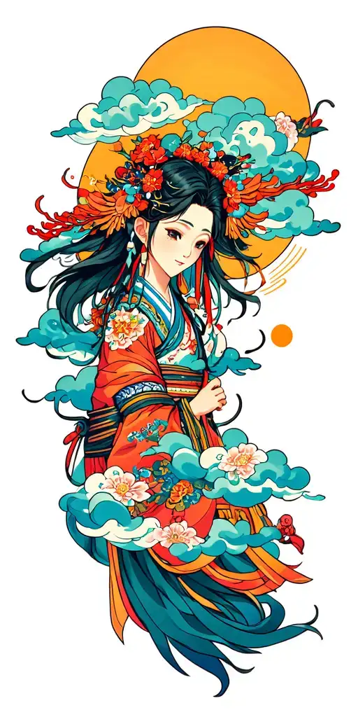 japanese journey triumphs strength wisdom colorful graphics with cloud filler for sleeve tattoo design idea