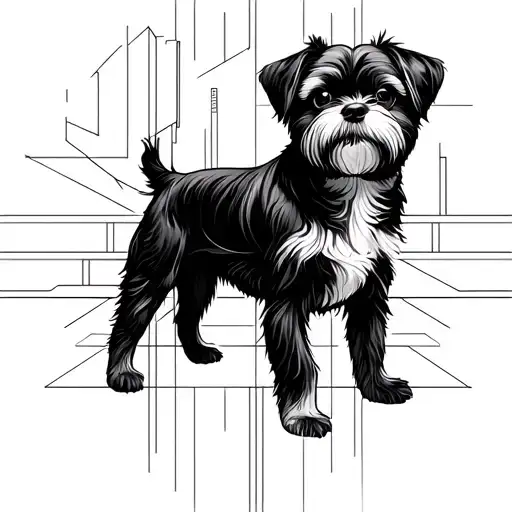 black and white tattoo with a touch of architecture, adventure, travel, a black shih tzu dog, and 1mm thin arm band tattoo design idea