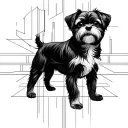 black and white tattoo with a touch of architecture, adventure, travel, a black shih tzu dog, and 1mm thin arm band tattoo design idea