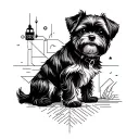 black and white tattoo with a touch of architecture, adventure, travel, a black shih tzu dog, and 1mm thin arm band tattoo design idea
