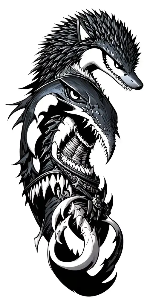 venom shark spartan samurai and hedgehog but separate motives tattoo design idea