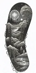 flowing waves, surrounded by a mystical forest scene, with subtle elements of sacred geometry and glowing stars tattoo design idea