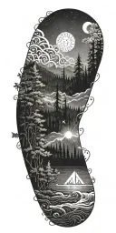 flowing waves, surrounded by a mystical forest scene, with subtle elements of sacred geometry and glowing stars tattoo design idea