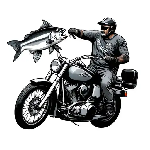 man riding a Harley Davidson motorcycle catching a fish tattoo design idea